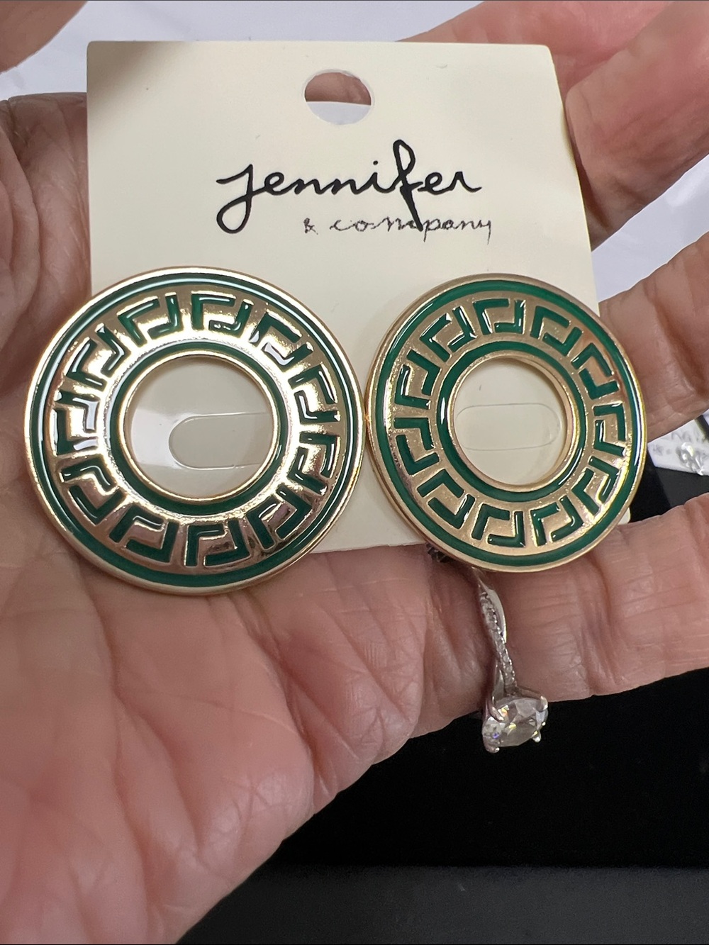 Jennifer Lopez Gold and Green Round Greek Key Statement Earrings